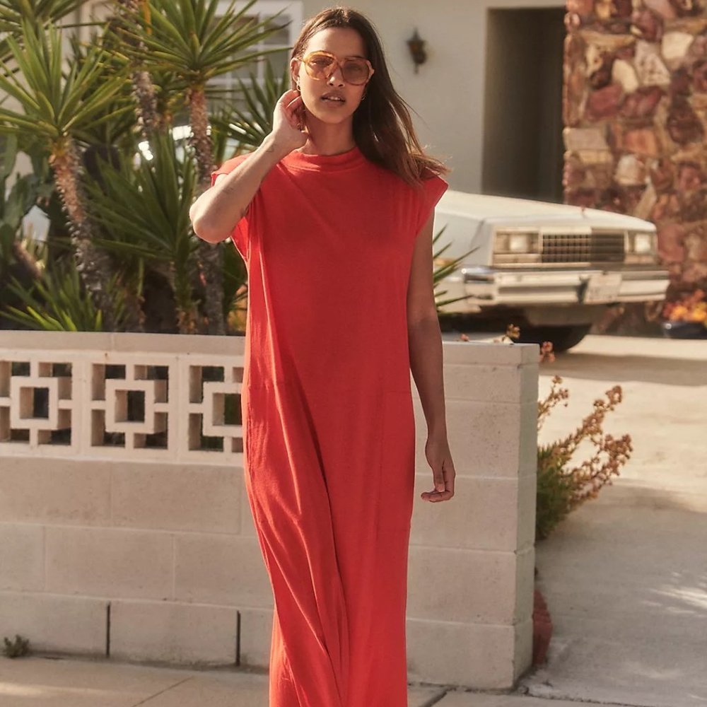 Free People Beach All Day Long Coral Midi T-Shirt Dress XS